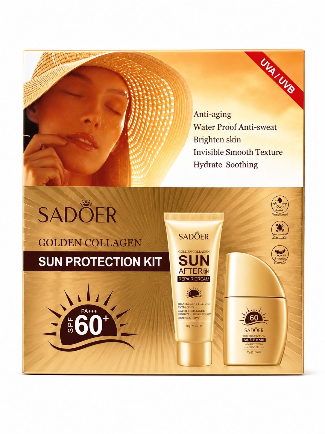 SADOER Golden Collagen Sun Protection Kit SPF 60+ – Kit Solare con Crema Solare e Doposole Riparatore